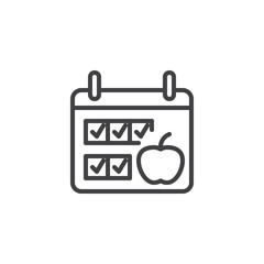 Diet plan calendar line icon. linear style sign for mobile concept and web design. Calendar page with apple outline vector icon. Symbol, logo illustration. Pixel perfect vector graphics