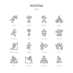 set of 16 activities concept vector line icons such as cleaning, disc jockey, downhill, bmx, party, heart rate, jogging, mountaineering. 64x64 thin stroke icons