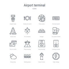 set of 16 airport terminal concept vector line icons such as high voltage, airport tower, waiting place, cloudy day, landing runway, duty free bag, plane landing, two cit cards. 64x64 thin stroke