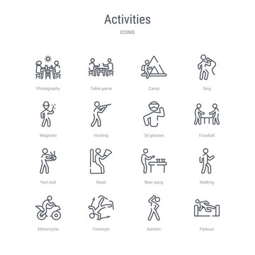 set of 16 activities concept vector line icons such as parkour, aerobic, freestyle, motorcycle, walking, beer pong, read, yarn ball. 64x64 thin stroke icons