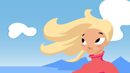 Vector illustration for ski resort poster design with cartoon blonde girl and mountain on background.