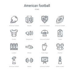 set of 16 american football concept vector line icons such as bottle of water, american football strategy, barbell, american football cup, position, foam finger, whistle, lockers. 64x64 thin stroke