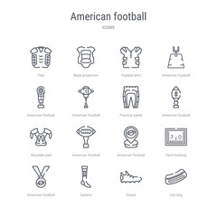 set of 16 american football concept vector line icons such as hot dog, cleats, gaiters, american football medal, yard marking, american football placeholder, trophey, shoulder pad. 64x64 thin stroke