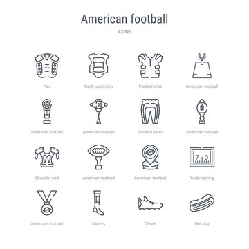 set of 16 american football concept vector line icons such as hot dog, cleats, gaiters, american football medal, yard marking, american football placeholder, trophey, shoulder pad. 64x64 thin stroke