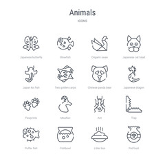 set of 16 animals concept vector line icons such as pet food, litter box, fishbowl, puffer fish, trap, ant, mouflon, pawprints. 64x64 thin stroke icons © zaurrahimov