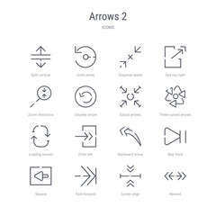 set of 16 arrows 2 concept vector line icons such as rewind, center align, fast forward, square, skip track, backward arrow, enter left, loading arrows. 64x64 thin stroke icons