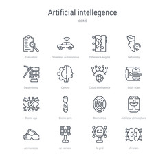 set of 16 artificial intellegence concept vector line icons such as ai brain, ai grid, ar camera, ar monocle, artificial atmosphere, biometrics, bionic arm, bionic eye. 64x64 thin stroke icons