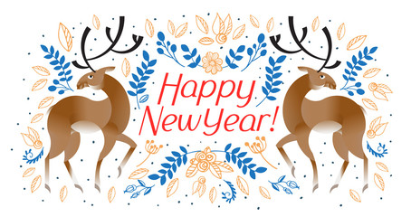 New year poster design with stylezed deers and decorate text.