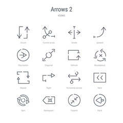 set of 16 arrows 2 concept vector line icons such as back, expand, backspace, spin, next, horizontal arrows, right, repeat. 64x64 thin stroke icons