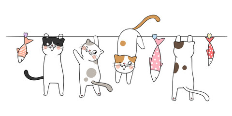 Draw cat with adorable fish. © anchalee