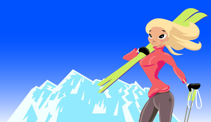 Vector illustration for ski resort poster design with cartoon blonde girl and mountain on background.