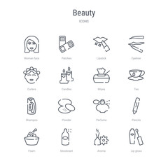 set of 16 beauty concept vector line icons such as lip gloss, aroma, deodorant, foam, pencils, perfume, powder, shampoo. 64x64 thin stroke icons