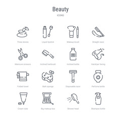 set of 16 beauty concept vector line icons such as shampoo bottle, shower head, big makeup box, cream tube, perfume bottle, disposable razor, bath sponge, folded towel. 64x64 thin stroke icons