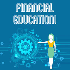 Text sign showing Financial Education. Business photo showcasing education and understanding of various financial areas Woman Standing and Presenting the SEO Process with Cog Wheel Gear inside