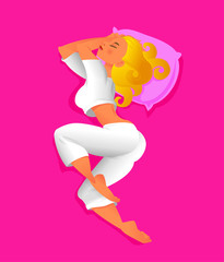 Cartoon girl character sleeping on pink backdrop.