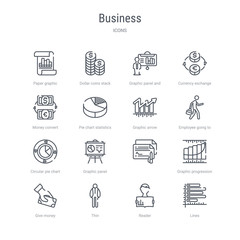 set of 16 business concept vector line icons such as lines, reader, thin, give money, graphic progression,  , graphic panel, circular pie chart. 64x64 thin stroke icons