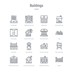 set of 16 buildings concept vector line icons such as fance, building with flag, house with chimney, roller shutter door, big water tank, house with tree, big windmill, city dock. 64x64 thin stroke