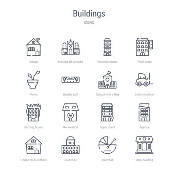 set of 16 buildings concept vector line icons such as bank building, carrycot, branches, house black without door, agency, appartment, renovation, burning house. 64x64 thin stroke icons
