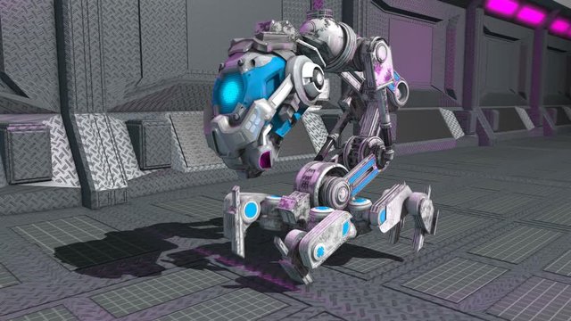 Seamless animation of a retro robot walking with glowing neon lights in a spaceship interior. Funny futuristic sci-fi background.