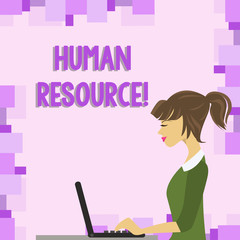Word writing text Huanalysis Resource. Business photo showcasing the process of hiring and developing employees photo of Young Busy Woman Sitting Side View and Working on her Laptop