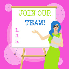 Conceptual hand writing showing Join Our Team. Concept meaning invite someone to work together for particular purpose target
