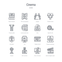 set of 16 cinema concept vector line icons such as movie clapper open, plus 18 movie, dslr camera, award, people watching a movie, 1080p full hd, hd, 4k fullhd. 64x64 thin stroke icons