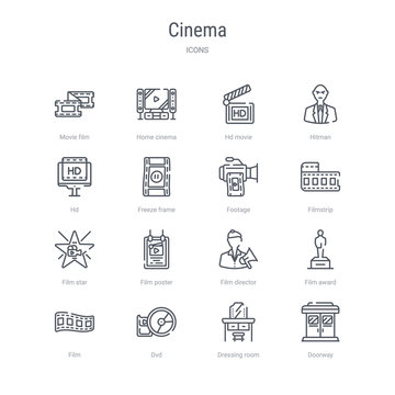 set of 16 cinema concept vector line icons such as doorway, dressing room, dvd, film, film award, film director, poster, star. 64x64 thin stroke icons
