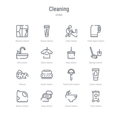 set of 16 cleaning concept vector line icons such as trash cleanin, faucet cleanin, soap cleanin, bleach cream toilet brush brush cleaner. 64x64 thin stroke icons