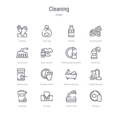 set of 16 cleaning concept vector line icons such as sponges, garden hose, serviette, dumpster, carpet cleaning, bathtub cleaning, washing dishes, baking soda. 64x64 thin stroke icons