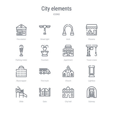 set of 16 city elements concept vector line icons such as subway, city hall, gate, slide, lightbox, church, fire truck, skyscrapper. 64x64 thin stroke icons