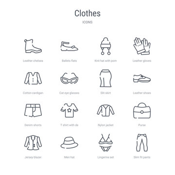 Set Of 16 Clothes Concept Vector Line Icons Such As Slim Fit Pants, Lingerine Set, Men Hat, Jersey Blazer, Purse, Nylon Jacket, T Shirt With De, Denim Shorts. 64x64 Thin Stroke Icons