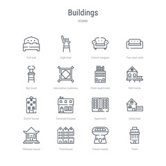 set of 16 buildings concept vector line icons such as town, future house, townhouse, chinese house, detached, aparment, terraced houses, dutch house. 64x64 thin stroke icons
