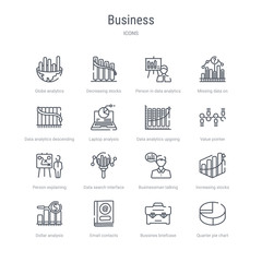 set of 16 business concept vector line icons such as quarter pie chart, bussines briefcase, email contacts, dollar analysis bars chart, increasing stocks graphic of bars, businessman talking about