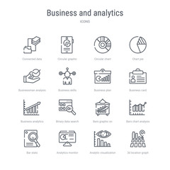 set of 16 business and analytics concept vector line icons such as 3d location graph, analytic visualization, analytics monitor, bar stats, bars chart analysis, bars graphic on screen, binary data