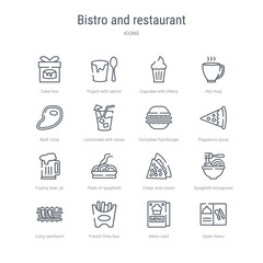 set of 16 bistro and restaurant concept vector line icons such as open menu, menu card, french fries box, long sandwich, spaghetti bolognese, crepe and cream, plate of spaghetti, foamy beer jar.
