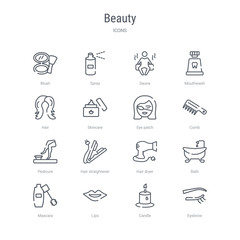set of 16 beauty concept vector line icons such as eyebrow, candle, lips, mascara, bath, hair dryer, hair straightener, pedicure. 64x64 thin stroke icons