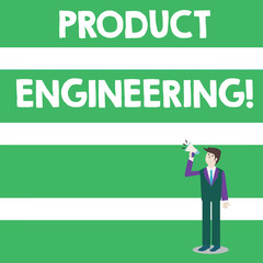 Naklejka premium Text sign showing Product Engineering. Business photo text process of designing and developing a device or a system Businessman Looking Up, Holding and Talking on Megaphone with Volume Icon