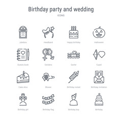 set of 16 birthday party and wedding concept vector line icons such as birthday, birthday boy, flag, girl, invitation, rocket, blower, cake slice. 64x64 thin stroke icons