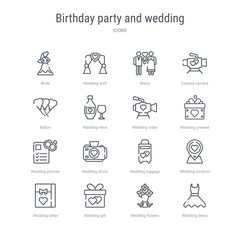 set of 16 birthday party and wedding concept vector line icons such as wedding dress, wedding flowers, gift, letter, location, luggage, photo, planner. 64x64 thin stroke icons