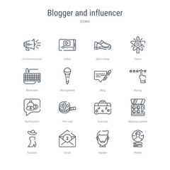 set of 16 blogger and influencer concept vector line icons such as profile, hipster, email, fashion, makeup palette, suitcase, film reel, notification. 64x64 thin stroke icons