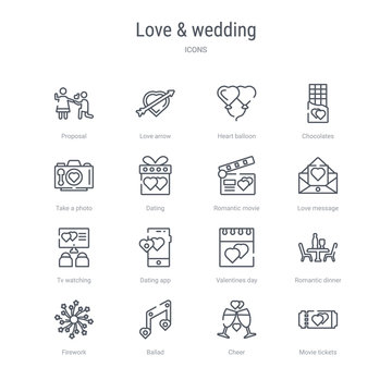 set of 16 love & wedding concept vector line icons such as movie tickets, cheer, ballad, firework, romantic dinner, valentines day, dating app, tv watching. 64x64 thin stroke icons