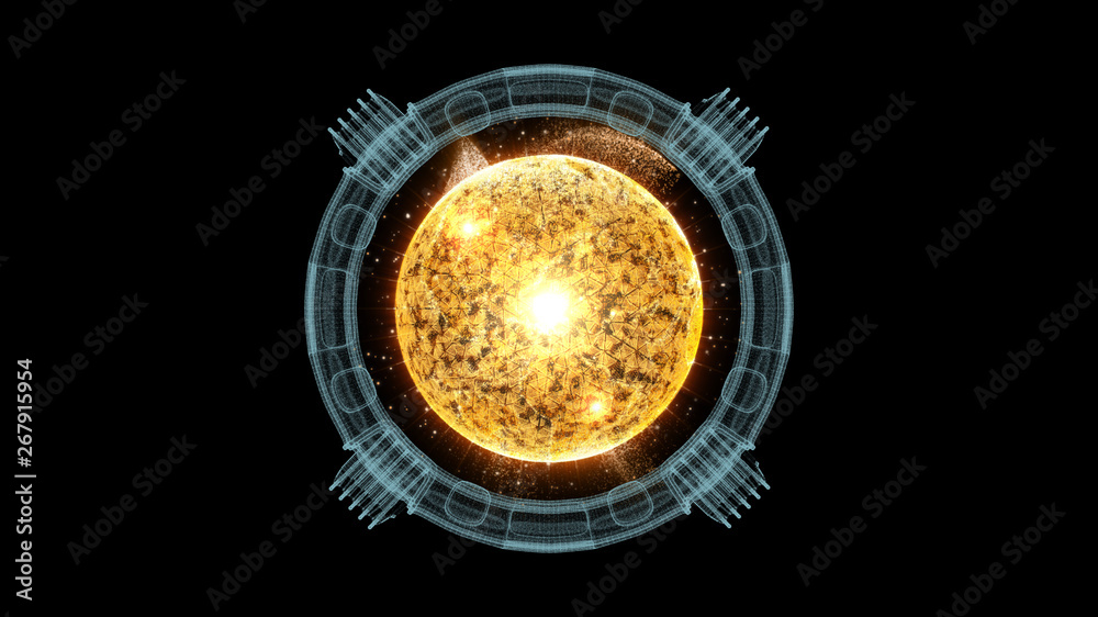 Fototapete Futuristic graphic user interface head up display screen with digital holographic Nuclear Fusion energy simulator display for digital background