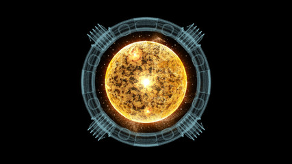 Futuristic graphic user interface head up display screen with digital holographic Nuclear Fusion energy simulator display for digital background