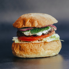 Burger flyer. Cheese burger with grilled meat, cheese, salad and onion rings. Close-up of delicious fresh home made burger with salad and cheese on bark blue background
