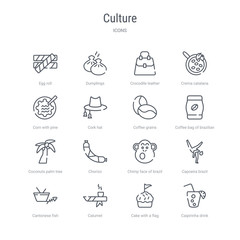 set of 16 culture concept vector line icons such as caipirinha drink glass of brazil, cake with a flag, calumet, cantonese fish, capoeira brazil dancers, chimp face of brazil, chorizo, coconuts palm