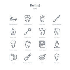 set of 16 dentist concept vector line icons such as fake tooth, filler, forceps of dentist tools, gauze, headlamp, health report, holed tooth, implant fixture. 64x64 thin stroke icons