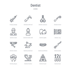 set of 16 dentist concept vector line icons such as dental hook, dental house, dental monitor, plaque, probe, prosthesis, protection, veneer. 64x64 thin stroke icons