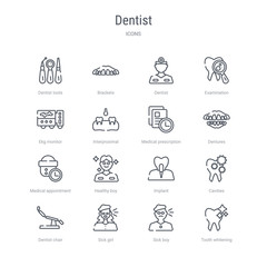 set of 16 dentist concept vector line icons such as tooth whitening, sick boy, sick girl, dentist chair, cavities, implant, healthy boy, medical appointment. 64x64 thin stroke icons