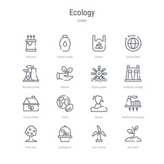 set of 16 ecology concept vector line icons such as eco plant, eco turbine, ecologism, fruit tree, geothermal energy, geyser, earth, house effect. 64x64 thin stroke icons
