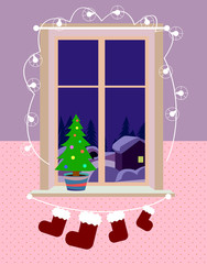 Christmas card with winter window in eve time. Flat style design.